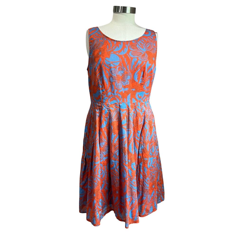 Talbots Blue Orange Floral Pleated Midi Dress Scoop Neck Sleeveless 10P